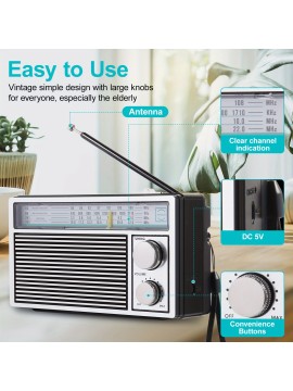 A Vintage Portable Radio for Seniors Featuring AM, FM, And SW Bands, This Stylish Retro Radio Is Suitable for Both Indoor And Outdoor Use, And Is Ideal for Emergencies, Complete with a Speaker And Headphone Jack.