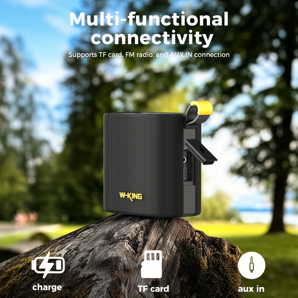 The W-KING 20W Peak IPX7 Waterproof Wireless Speaker Is a Portable Outdoor Speaker Featuring High-Definition Sound Quality, Deep Bass, Stereo Pairing, Bike Mount Capability, FM Radio, TF Card Slot, And AUX-IN.