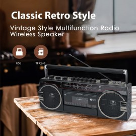 Retro-style Multifunction Radio 2 Way Speaker System W/Wireless Connectivity, USB, SD, FM, AM, SW, AUX, & Cassette Player, W/ FF/REW/REC Function, Black