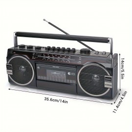 Retro-style Multifunction Radio 2 Way Speaker System W/Wireless Connectivity, USB, SD, FM, AM, SW, AUX, & Cassette Player, W/ FF/REW/REC Function, Black