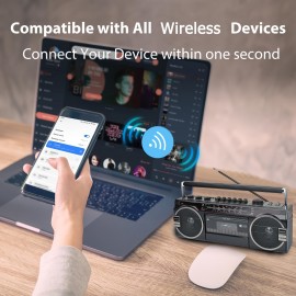 Retro-style Multifunction Radio 2 Way Speaker System W/Wireless Connectivity, USB, SD, FM, AM, SW, AUX, & Cassette Player, W/ FF/REW/REC Function, Black