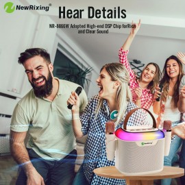 NewRixing Wireless Karaoke Machine with 2 Microphones, Portable Speaker with Bass Boost, USB Type-C Charging, Shock-Resistant, Stereo Audio, Button Control, for Smartphones/Tablets, Non-Waterproof, Ideal for Family Outdoor Parties, Birthday/Halloween/Christmas Gift, 2400mAh Lithium Battery, 1-5W Output