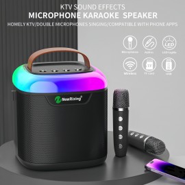 NewRixing Wireless Karaoke Machine with 2 Microphones, Portable Speaker with Bass Boost, USB Type-C Charging, Shock-Resistant, Stereo Audio, Button Control, for Smartphones/Tablets, Non-Waterproof, Ideal for Family Outdoor Parties, Birthday/Halloween/Christmas Gift, 2400mAh Lithium Battery, 1-5W Output