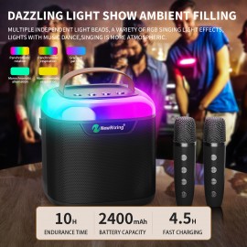 NewRixing Wireless Karaoke Machine with 2 Microphones, Portable Speaker with Bass Boost, USB Type-C Charging, Shock-Resistant, Stereo Audio, Button Control, for Smartphones/Tablets, Non-Waterproof, Ideal for Family Outdoor Parties, Birthday/Halloween/Christmas Gift, 2400mAh Lithium Battery, 1-5W Output