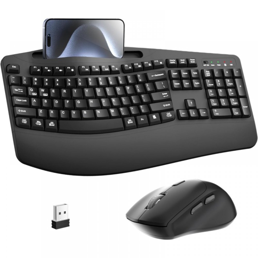 Wireless Keyboard and Mouse Combo 2 4G Full Size Wave Keys Ergonomic Keyboard with Wrist Rest Phone Holder 3 Level DPI Wireless Silent Mouse with 6 Buttons for Windows Mac OS Laptop PC Black