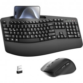 Wireless Keyboard and Mouse Combo 2 4G Full Size Wave Keys Ergonomic Keyboard with Wrist Rest Phone Holder 3 Level DPI Wireless Silent Mouse with 6 Buttons for Windows Mac OS Laptop PC Black