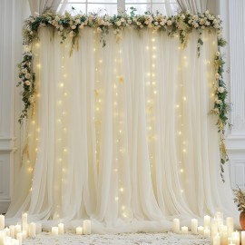 2pcs Champagne Tulle Backdrop Decor - 5.2x10ft, Sheer, with Lights String for Parties, Wedding, Birthday, Photo Shoots