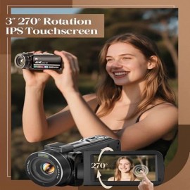 4K Video Camcorder for YouTube with 18x Zoom 3 IPS Touchscreen Night Vision Remote Control 32GB Card 2 Batteries