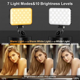 60 LED Portable Clip-On Video Light with 2200mAh Rechargeable, 7 Lighting Modes & 10-Level Dimmer, - Selfie Light for iPhone//DSLR/Action Cameras, Vlogging, YouTube Recording, Smartphones & Tablets