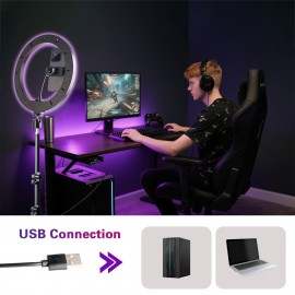 10 Inch Selfie Ring Light with 43 Inch Adjustable Tripod Stand & Phone Holder - Dimmable LED Ring Light with RGB Color Adjustable Light Levels, Portable -Powered Circular Flashlight for Vlogging, Streaming, -Powered