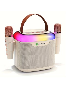 NewRixing Wireless Karaoke Machine with 2 Microphones, Portable Speaker with Bass Boost, USB Type-C Charging, Shock-Resistant, Stereo Audio, Button Control, for Smartphones/Tablets, Non-Waterproof, Ideal for Family Outdoor Parties, Birthday/Halloween/Christmas Gift, 2400mAh Lithium Battery, 1-5W Output