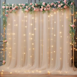 2pcs Champagne Tulle Backdrop Decor - 5.2x10ft, Sheer, with Lights String for Parties, Wedding, Birthday, Photo Shoots