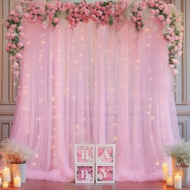 2pcs Champagne Tulle Backdrop Decor - 5.2x10ft, Sheer, with Lights String for Parties, Wedding, Birthday, Photo Shoots